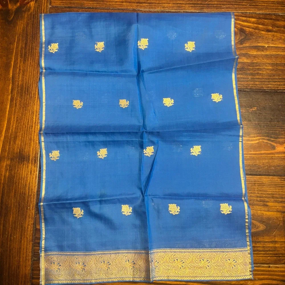Blue Silk‎ Gold Zari Floral Dupatta Scarf Indian Ethnic Wedding Scarf 46x17